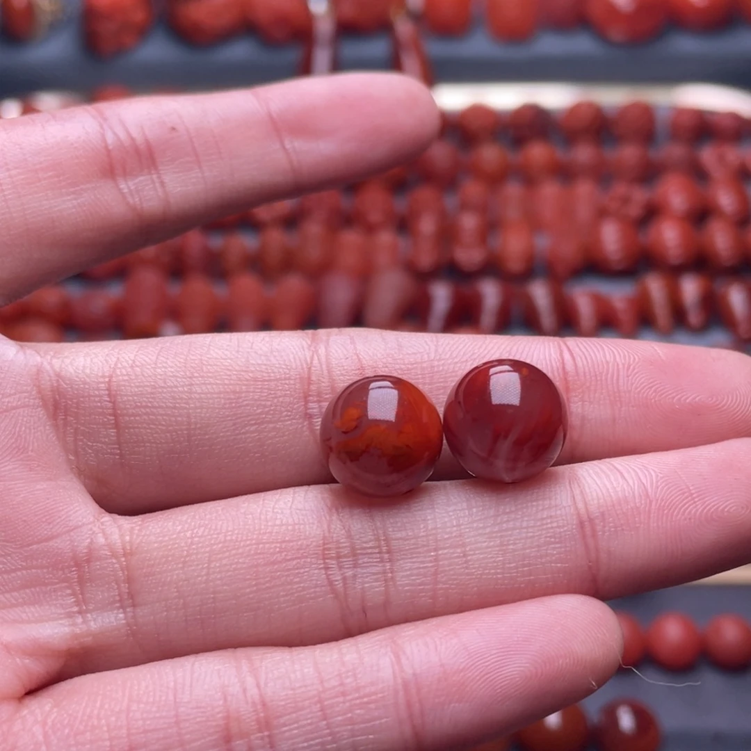 南红玛瑙未镶嵌其他W11.9瓦西牛血带火焰圆珠一对