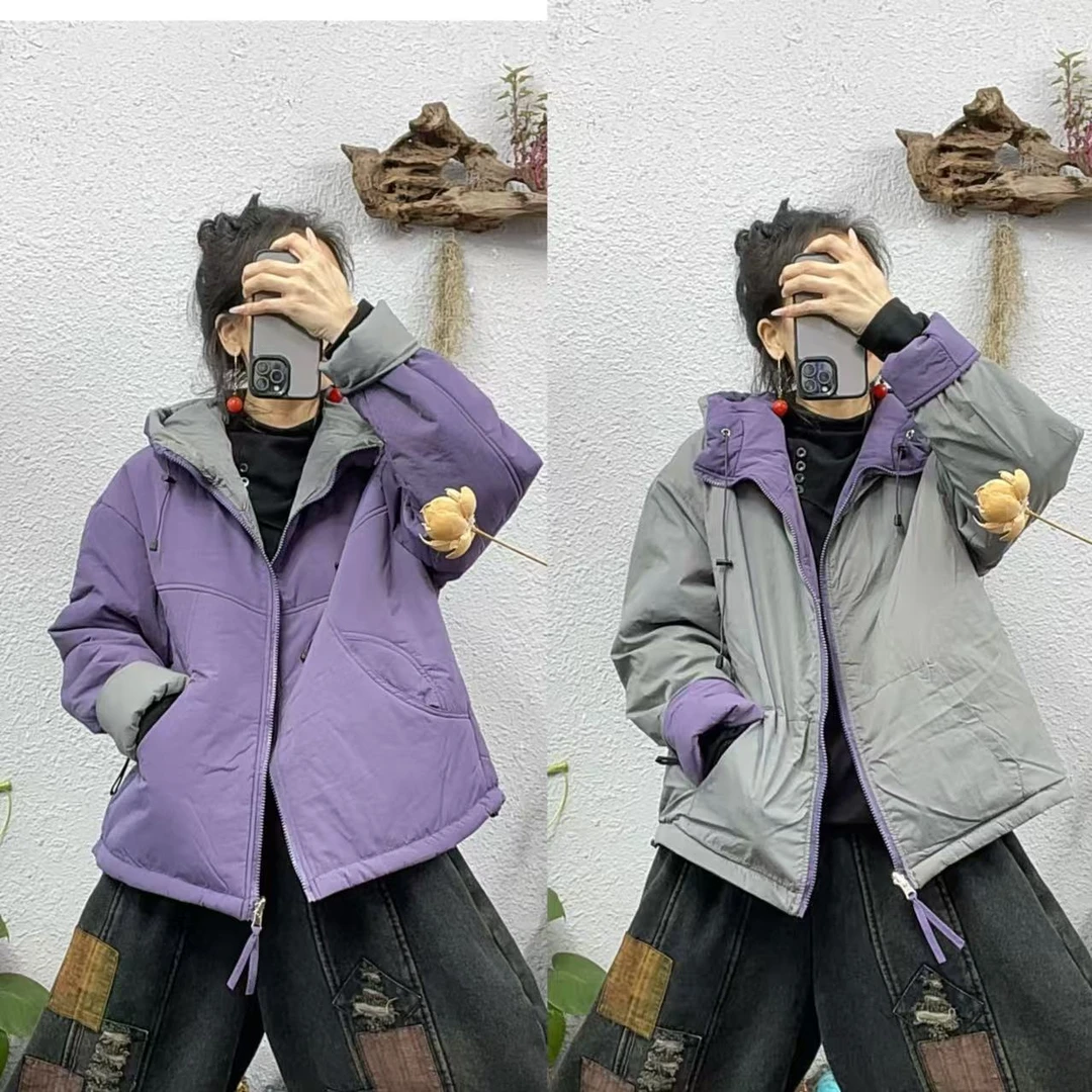 311190夹棉帽衫可两面穿拼色帽子抽绳棉袄外套（长62胸围130