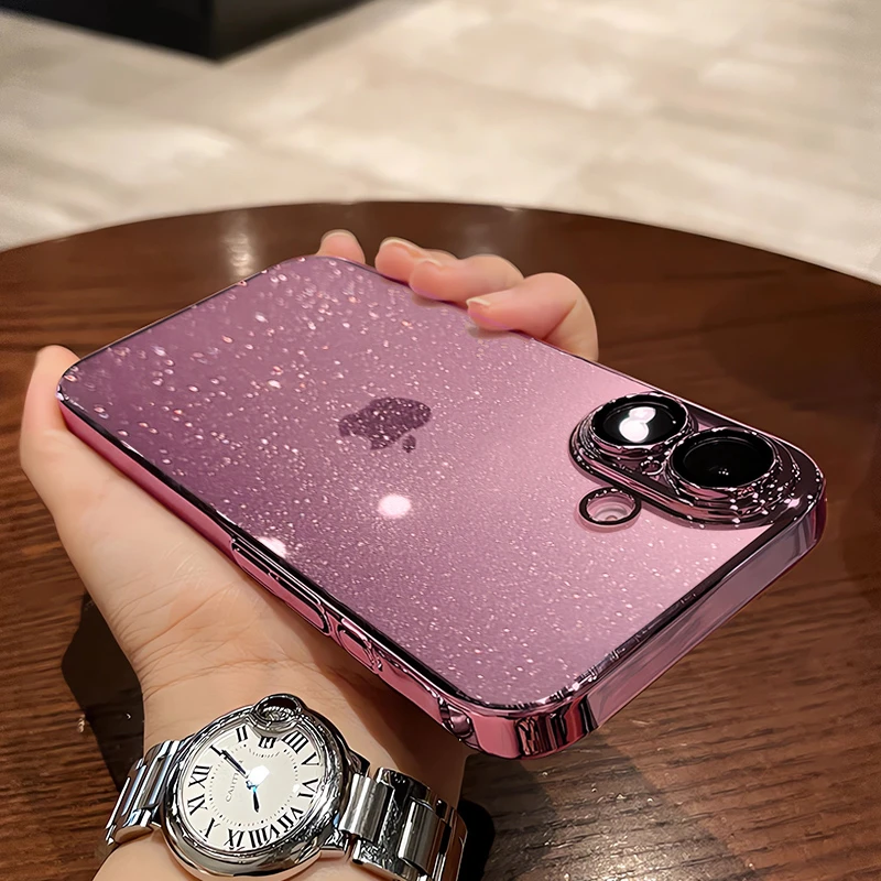 适用于苹果17ProMax原色iPhone14透明电镀13星空闪粉16带镜头膜15