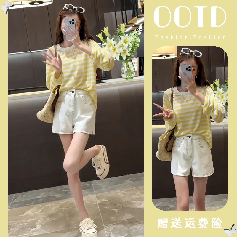 2025年夏季新款时尚百搭条纹设计款薄款防晒T恤+百搭纯色显瘦短裤