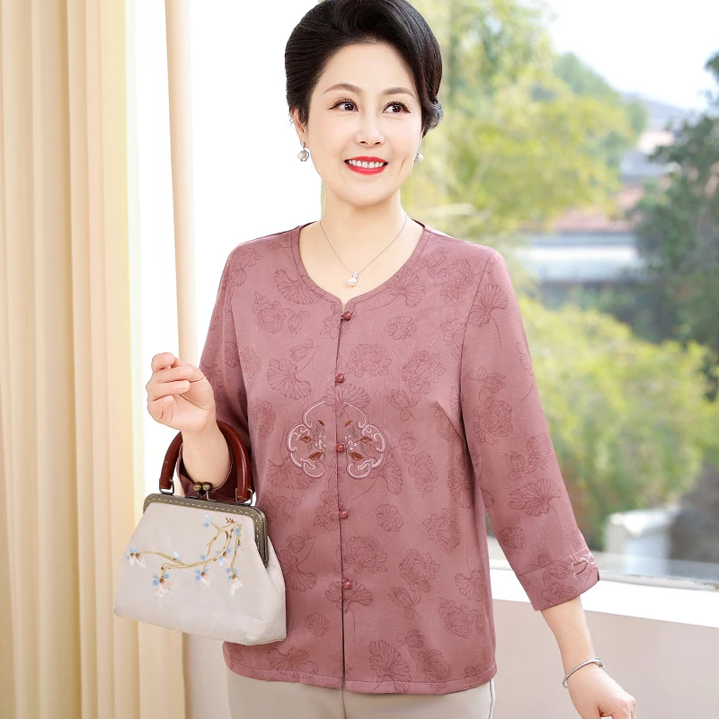 奶奶夏装衬衫七分袖唐装中老年人妈妈夏季宽松绣花衬衣套装老太太