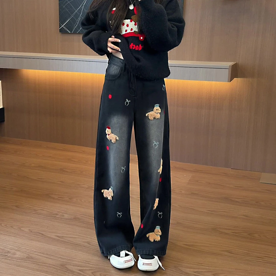 BOMP美式高街复古刺绣阔腿牛仔裤男女款春秋2026新款显瘦梨形身材