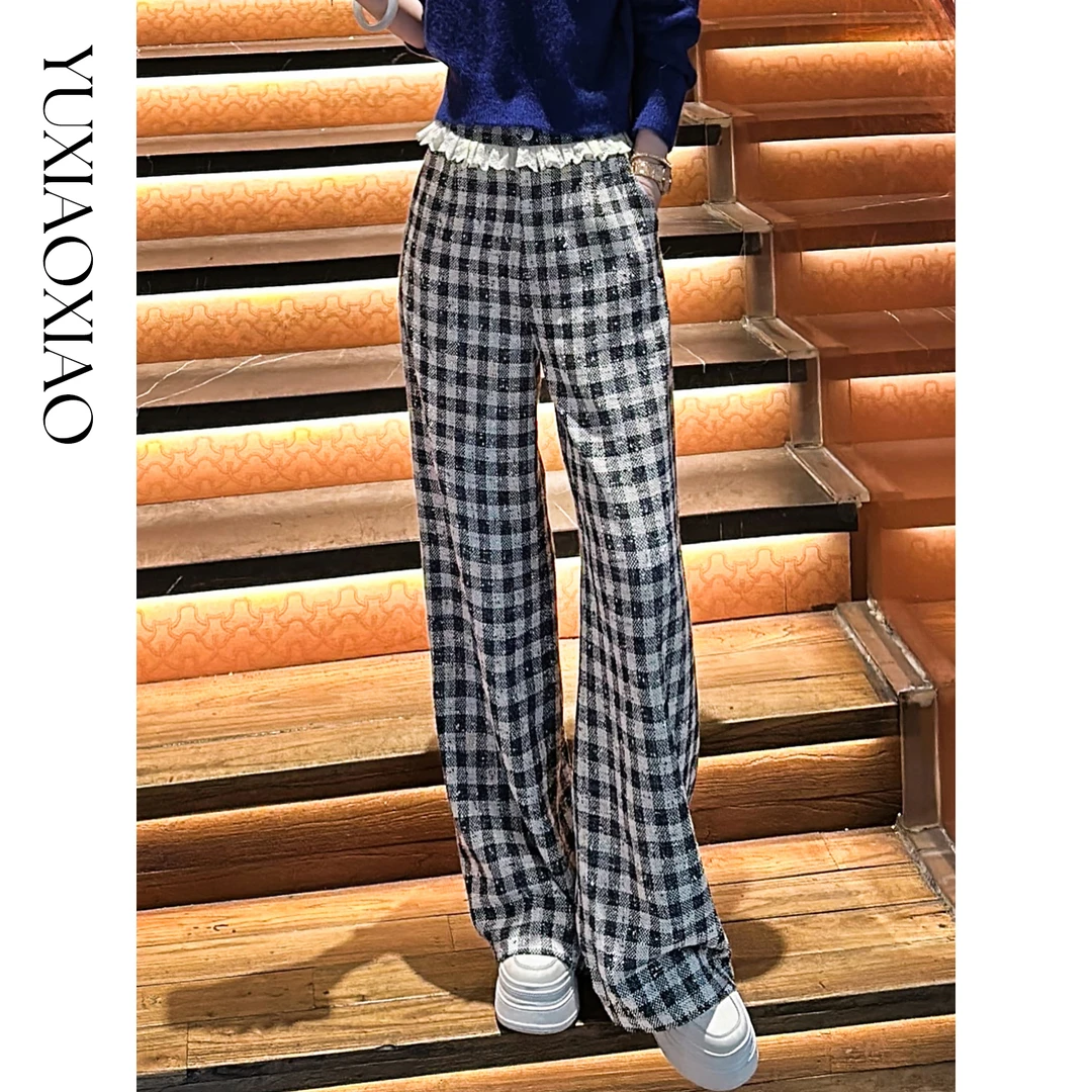 余潇潇【时髦温度】时尚百搭绵羊毛混纺拼接蕾丝花边宽松直筒休闲裤