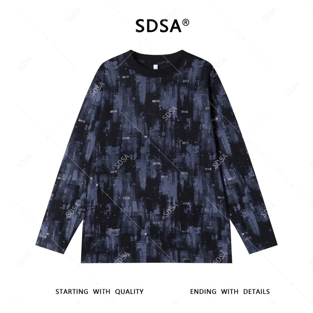 SDSA夏季新款男士痞帅美式撞色洒金字母印花圆领长袖T恤百搭简约