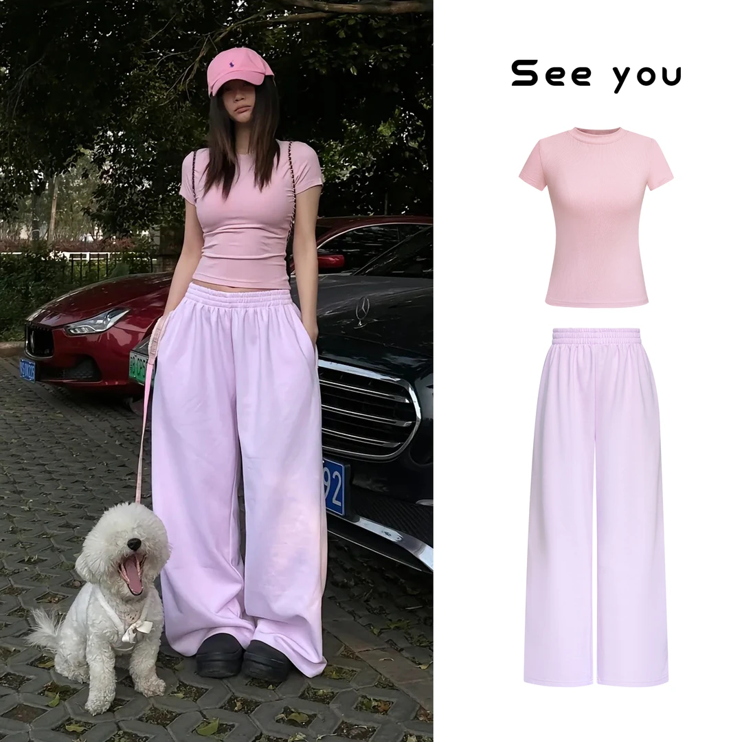 夏季休闲时尚套装修身显瘦百搭T恤+气质宽松直筒阔腿裤A736+A737