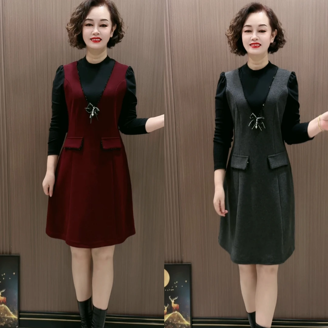 新款秋冬时尚假两件长袖拼接显瘦气质洋气打底减龄连衣裙2025裙子