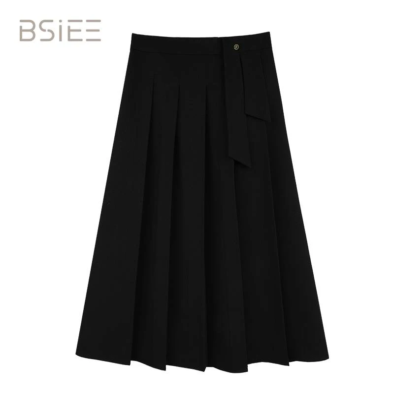 BSiEE本涩飘带A版半裙新品显瘦黑色中长款半身裙伞裙百搭时尚