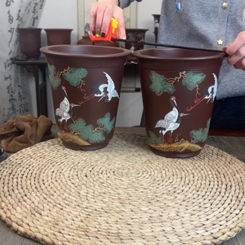 紫砂花盆大****愚紫朱泥全手仙鹤一对