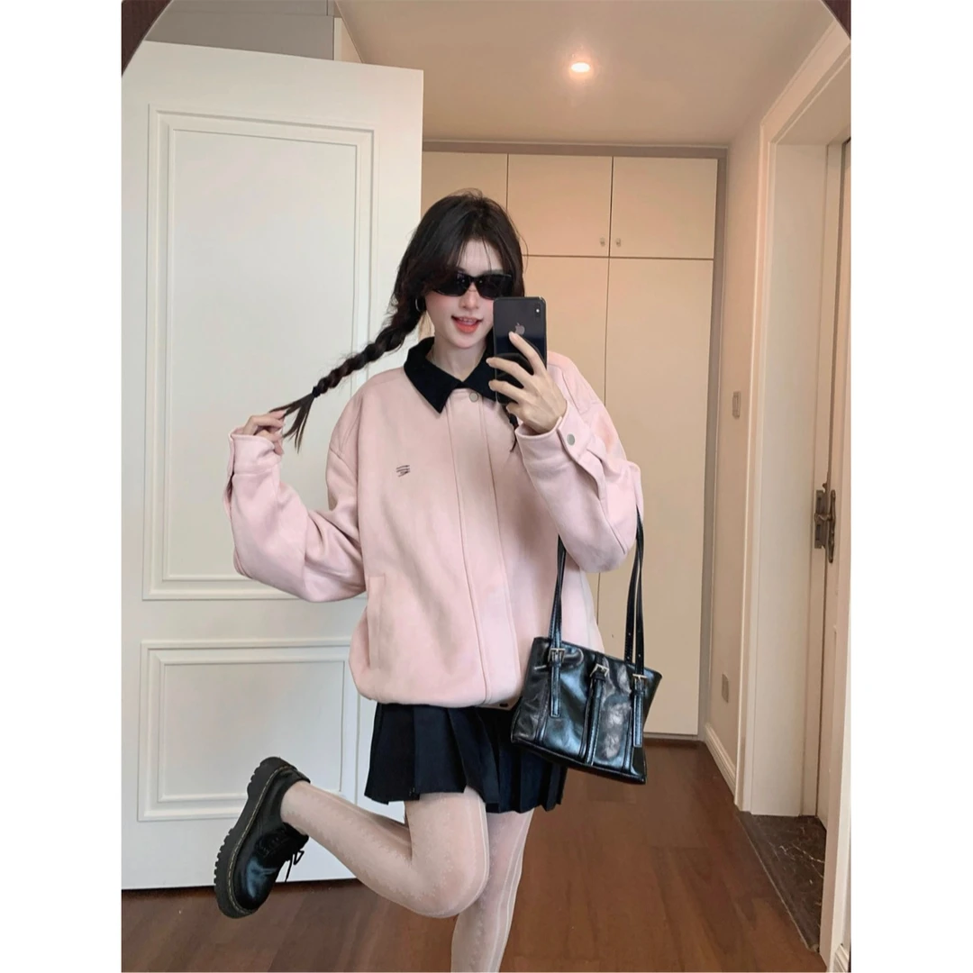 小众设计感百搭宽松早秋时尚减龄翻领外套女2025年秋季粉色氨纶面