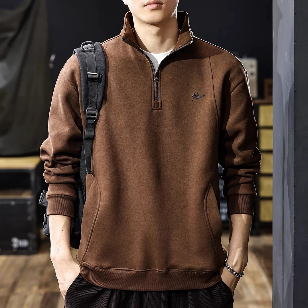 美式复古拉链半高领卫衣男士秋冬季新款加绒加厚宽松休闲运动外套