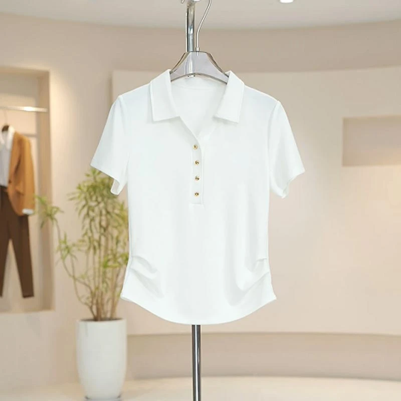 2025夏季新款气质显瘦polo领短袖T恤女韩版修身纯色小众上衣