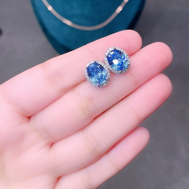 银S925镶嵌耳钉海蓝宝石