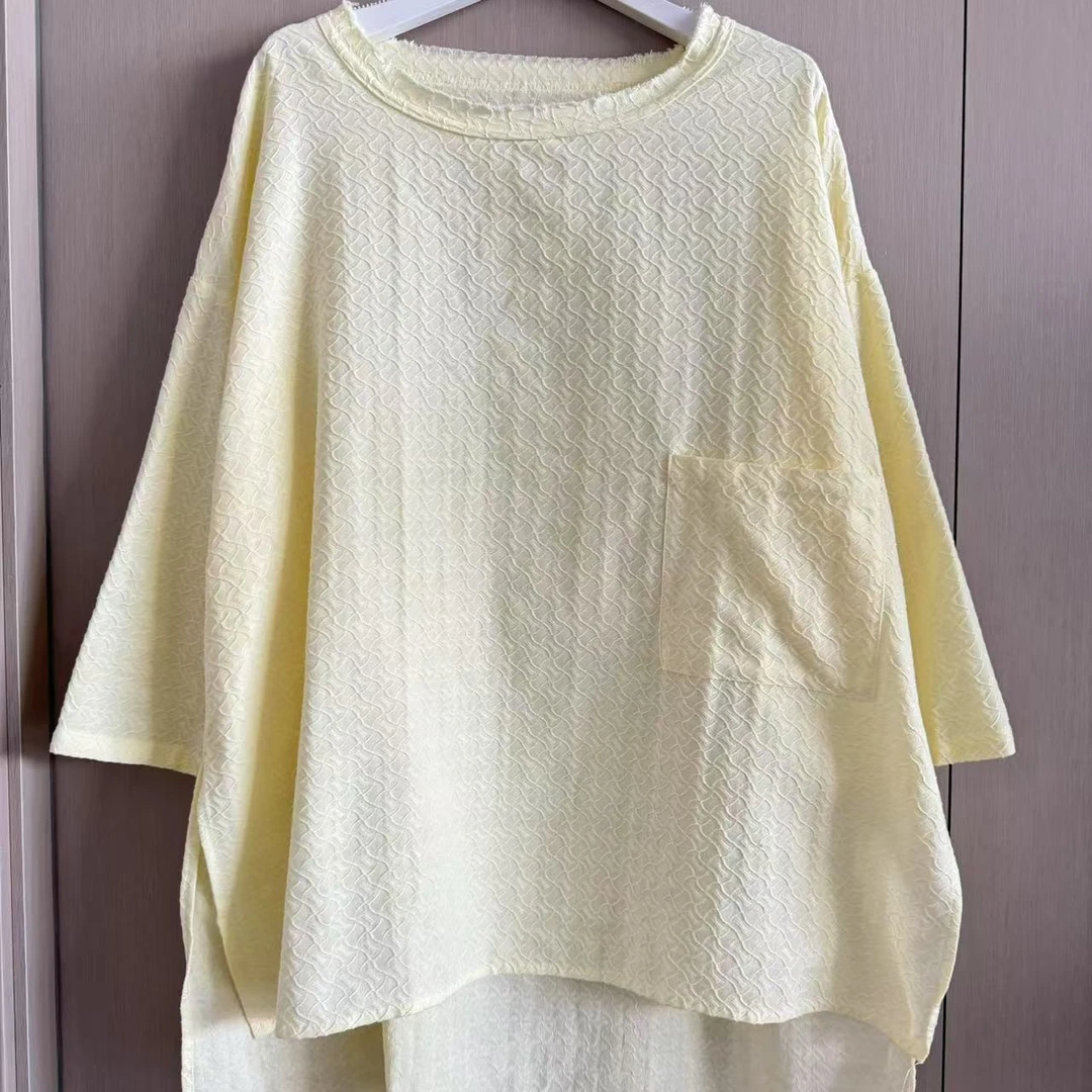 【沐木流浪记】夏季奶黄色花纹圆领单兜七分袖T恤Z