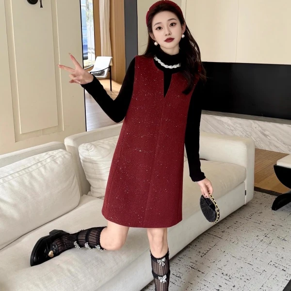 欧货重工亮丝两件套背心裙女2024冬季新款胖MM名媛a字打底中长裙