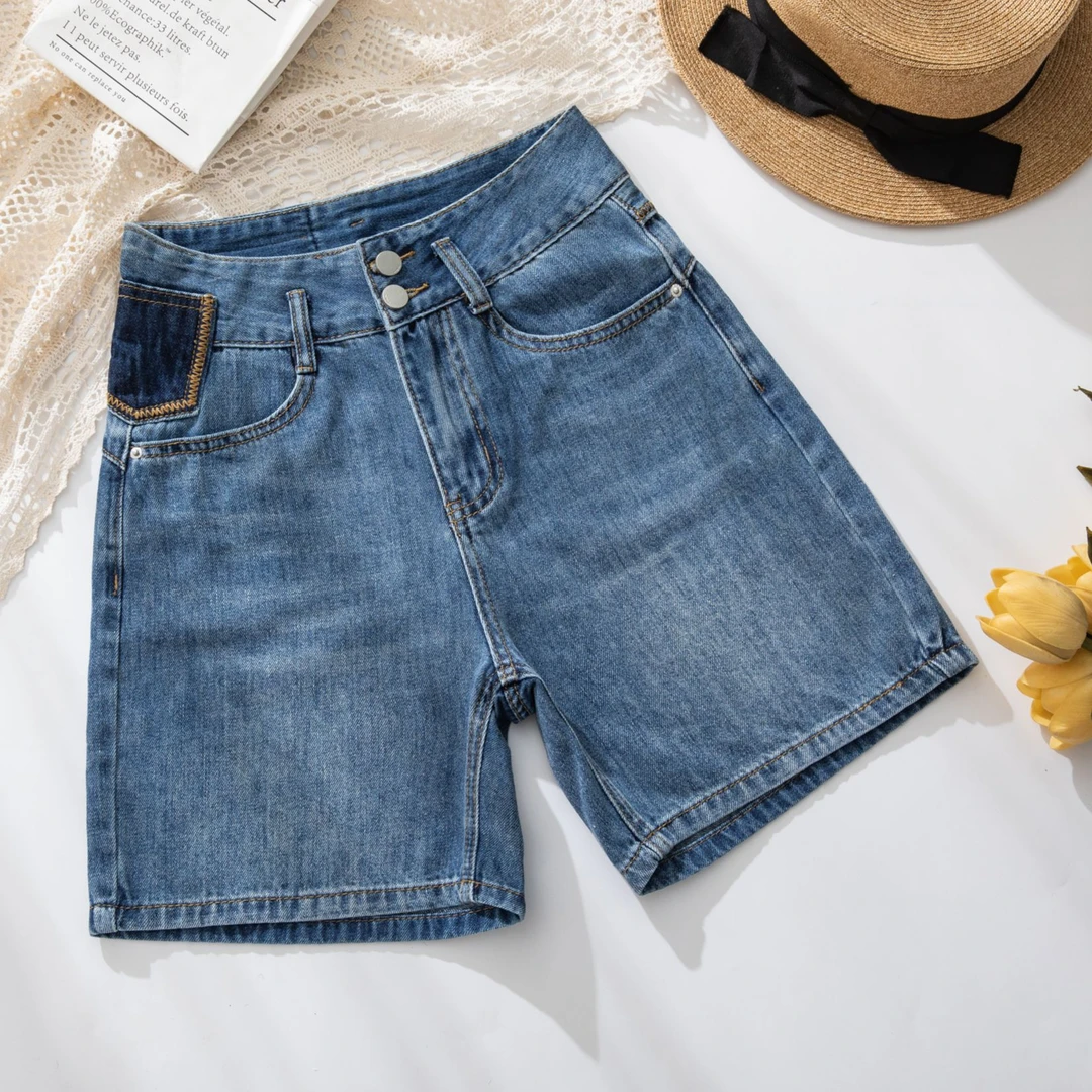 复古蓝刺绣撞色四分牛仔裤女直筒夏季高腰宽松大码百搭阔腿五分裤