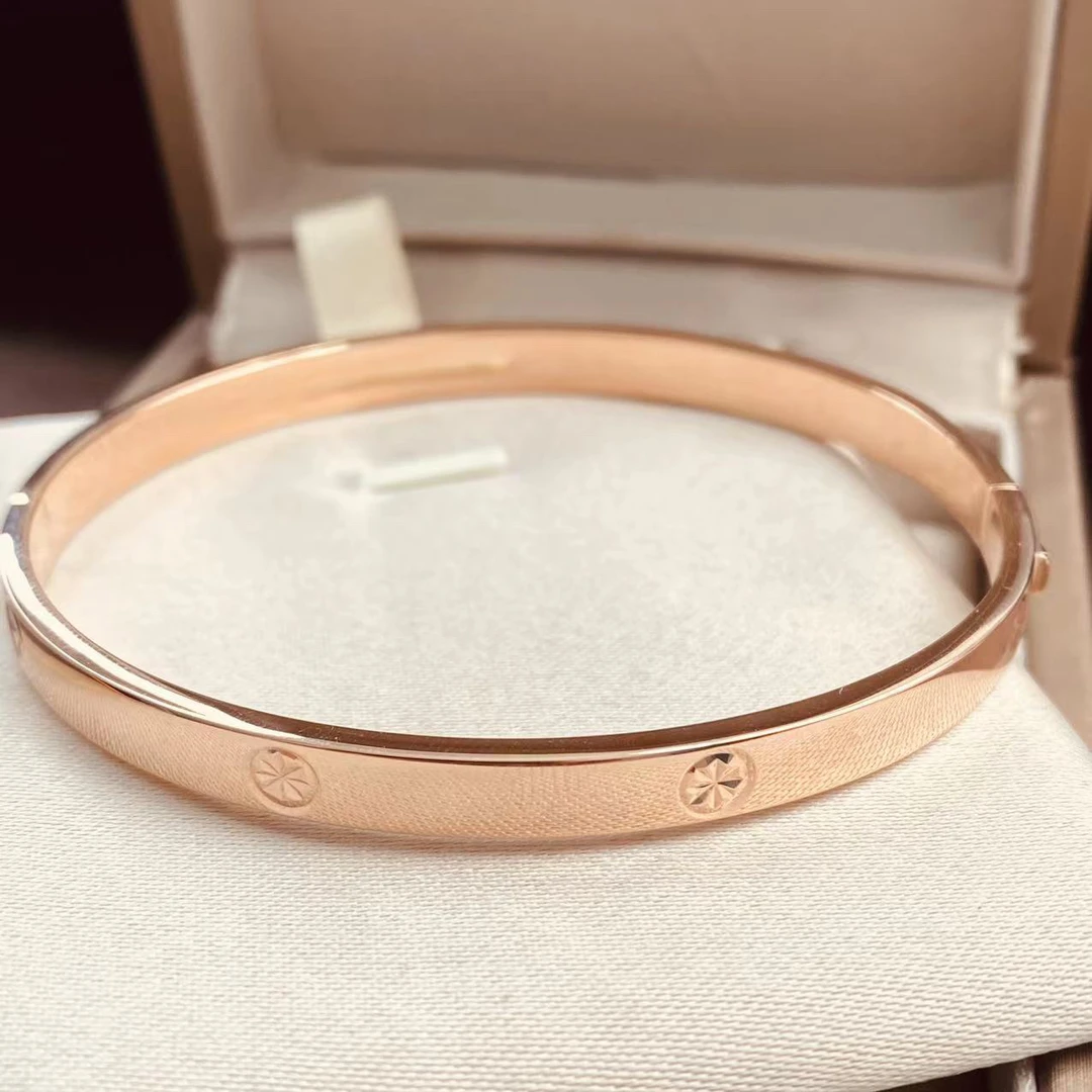 18K金手镯彩金米字宽版5mm玫瑰金色星真金女贵妃镯轻奢时尚