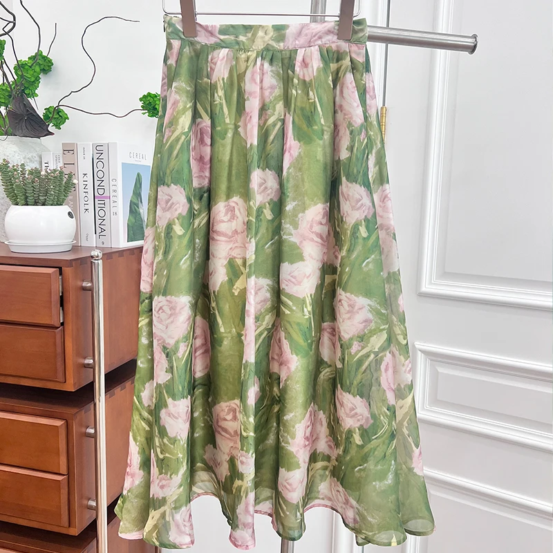 45BQ3519法式印花高腰碎花优雅半身裙裙子花色显瘦时尚油画半裙