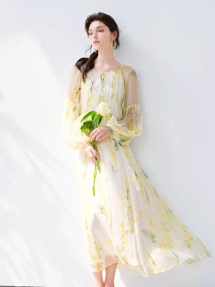 宽松女装连衣裙春夏印花时尚优雅桑蚕丝气质大摆357