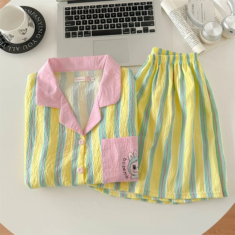 【短袖三件套】睡衣新款春秋夏云朵棉女款可爱卡通开衫家居服可外穿