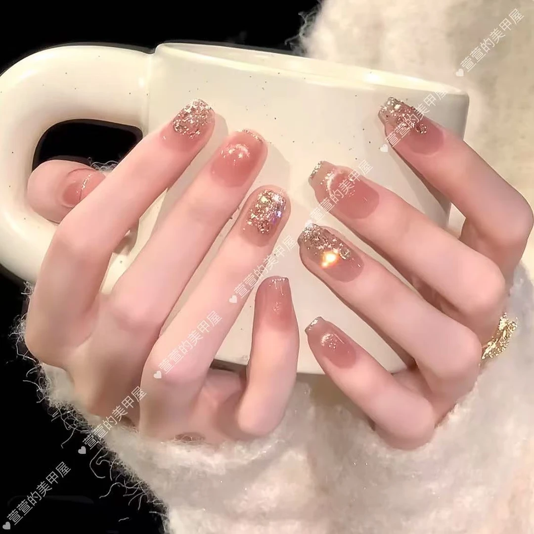 塞纳黄昏纯手工光疗美甲贴果冻贴片指甲穿戴甲简约梯形重复使用