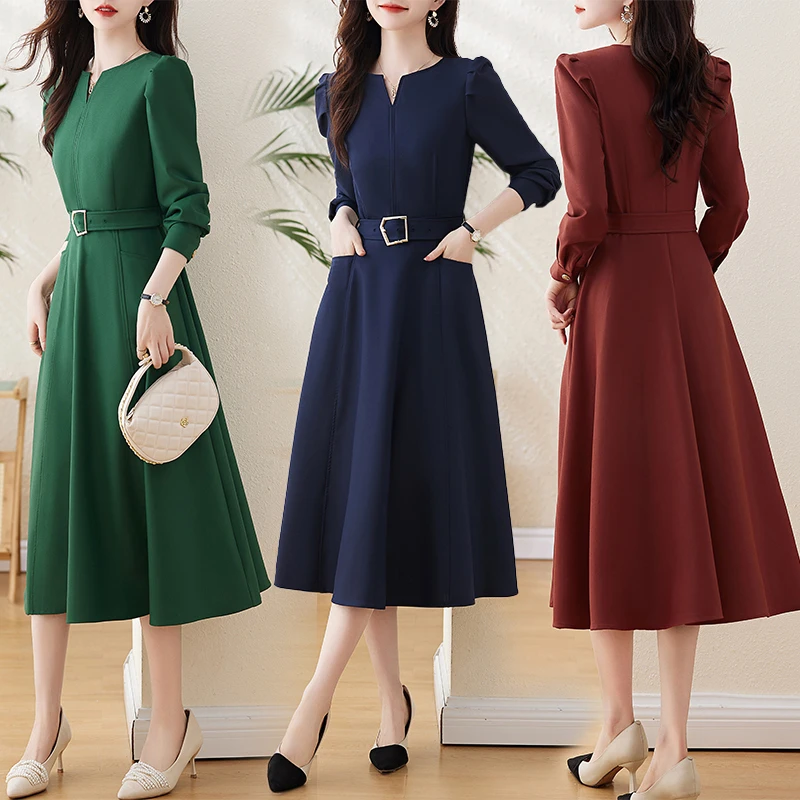 长袖公主袖连衣裙遮肚减龄红裙秋季中长款长裙收腰大码春秋显瘦