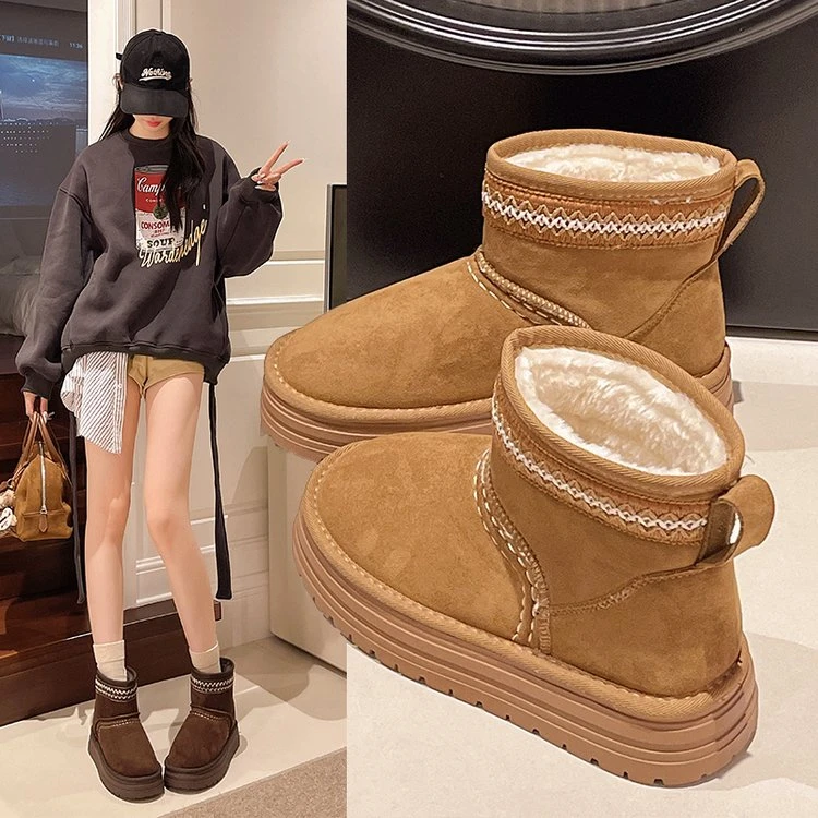 加绒雪地靴女鞋2025年冬季新款厚底刺绣休闲短筒靴保暖时尚女棉鞋