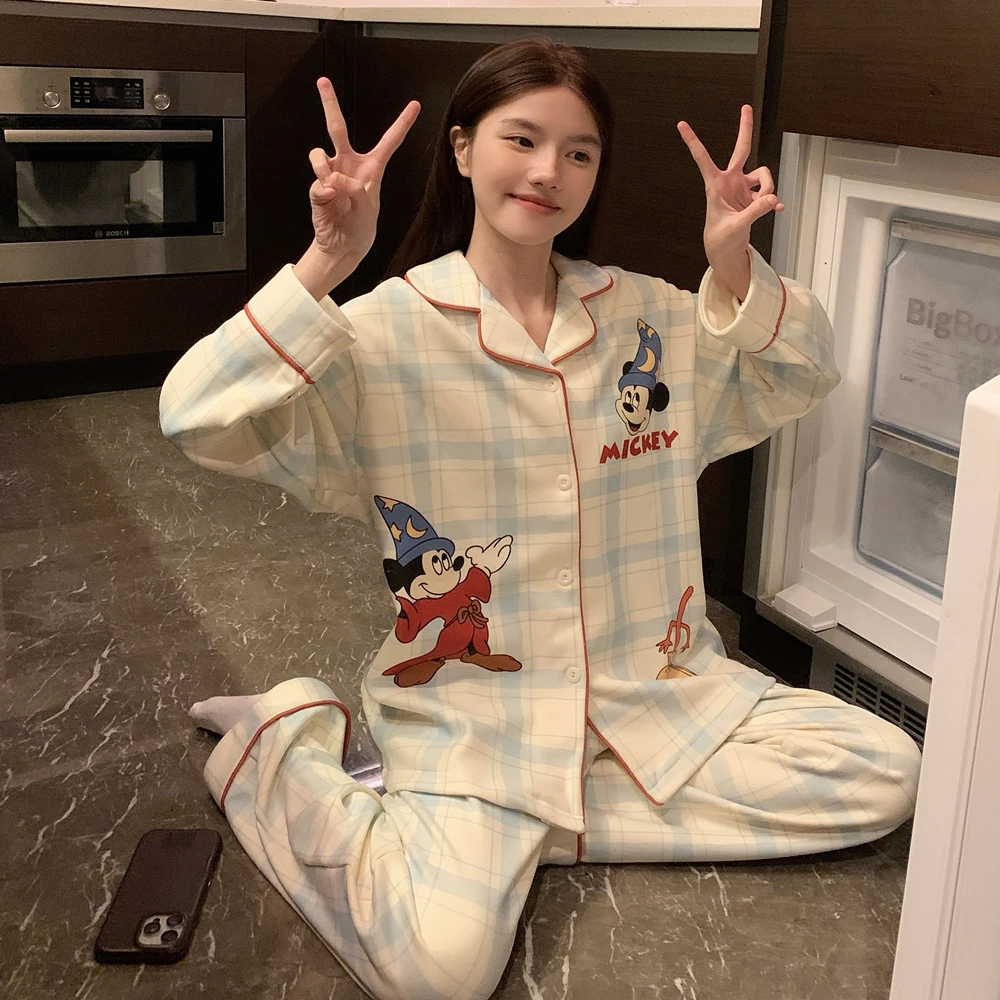 秋冬季德绒保暖睡衣少女甜美开衫卡通米奇格子套装家居服学院风韩