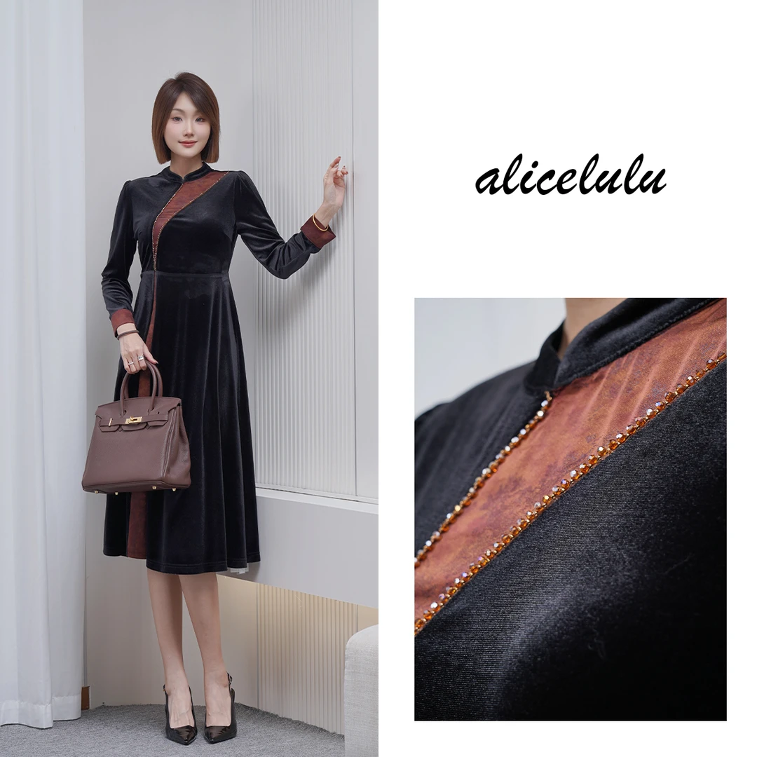 [alicelulu] 新礼新中式金丝绒连衣裙优雅立领S2145032L