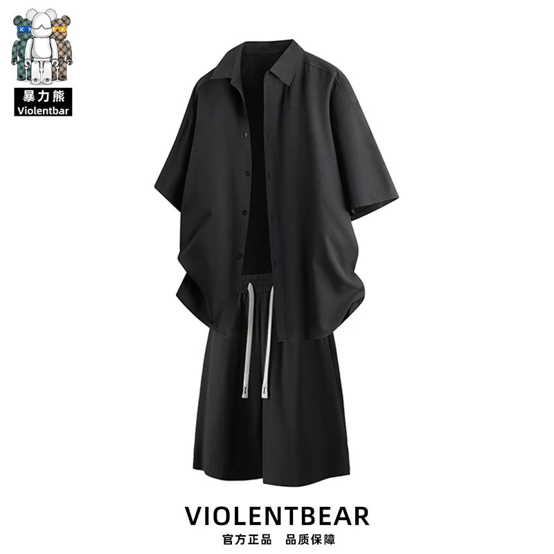 【暴力熊品牌现货】冰爽凉感短袖短裤套装男生夏季新款黑色休闲夏装