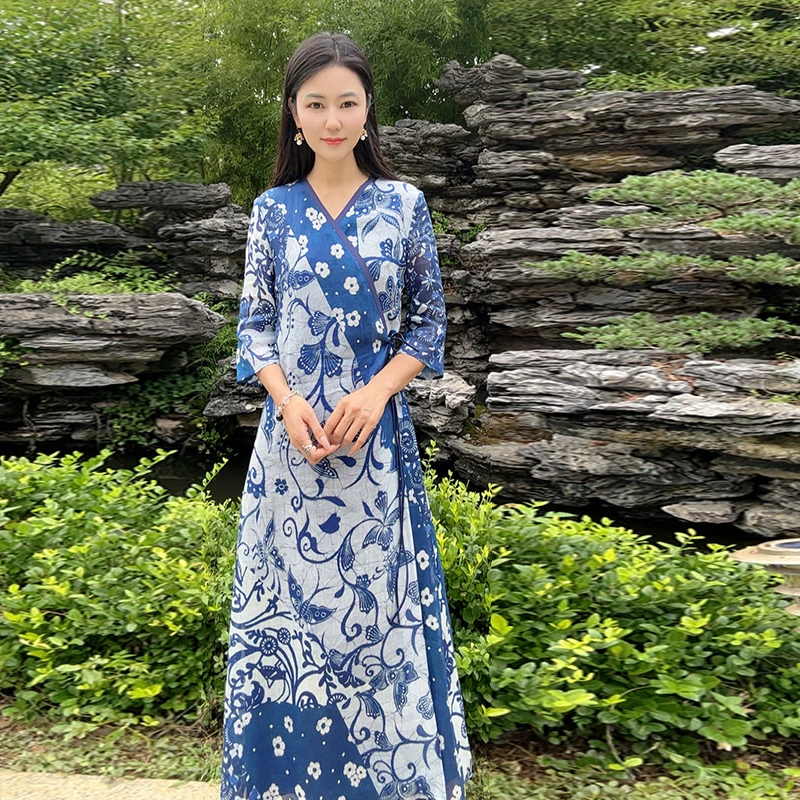 国风百搭时尚V领系带印花连衣裙WH0500513