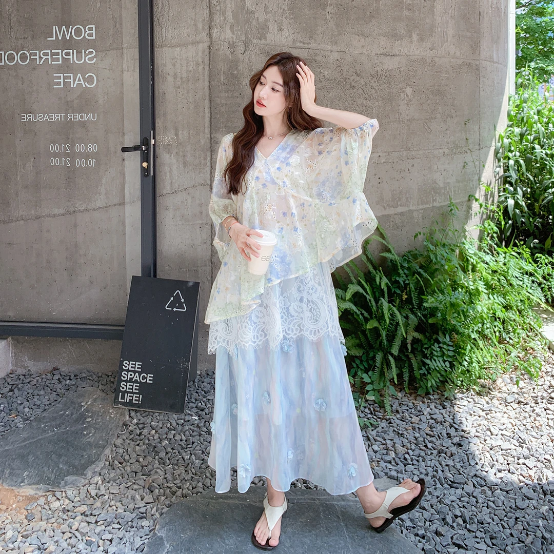 超仙法式绝美漂亮套装裙女夏2025新款不规则晕染上衣半身裙两件套