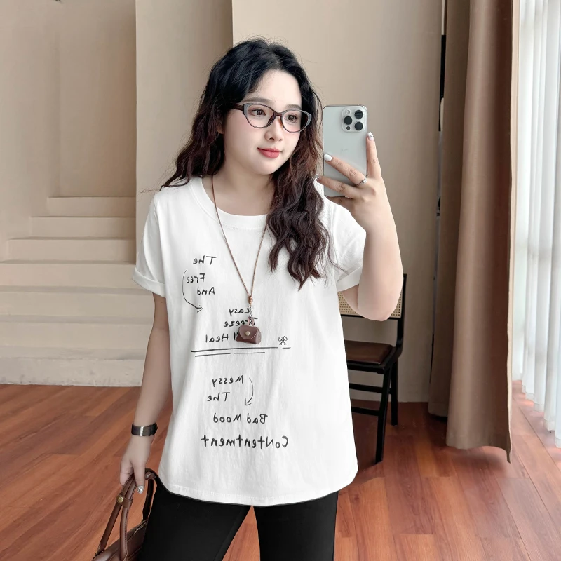 DX7389大码女装【奇思妙想】文艺字母200斤遮肚夏季卷边短袖圆领T恤