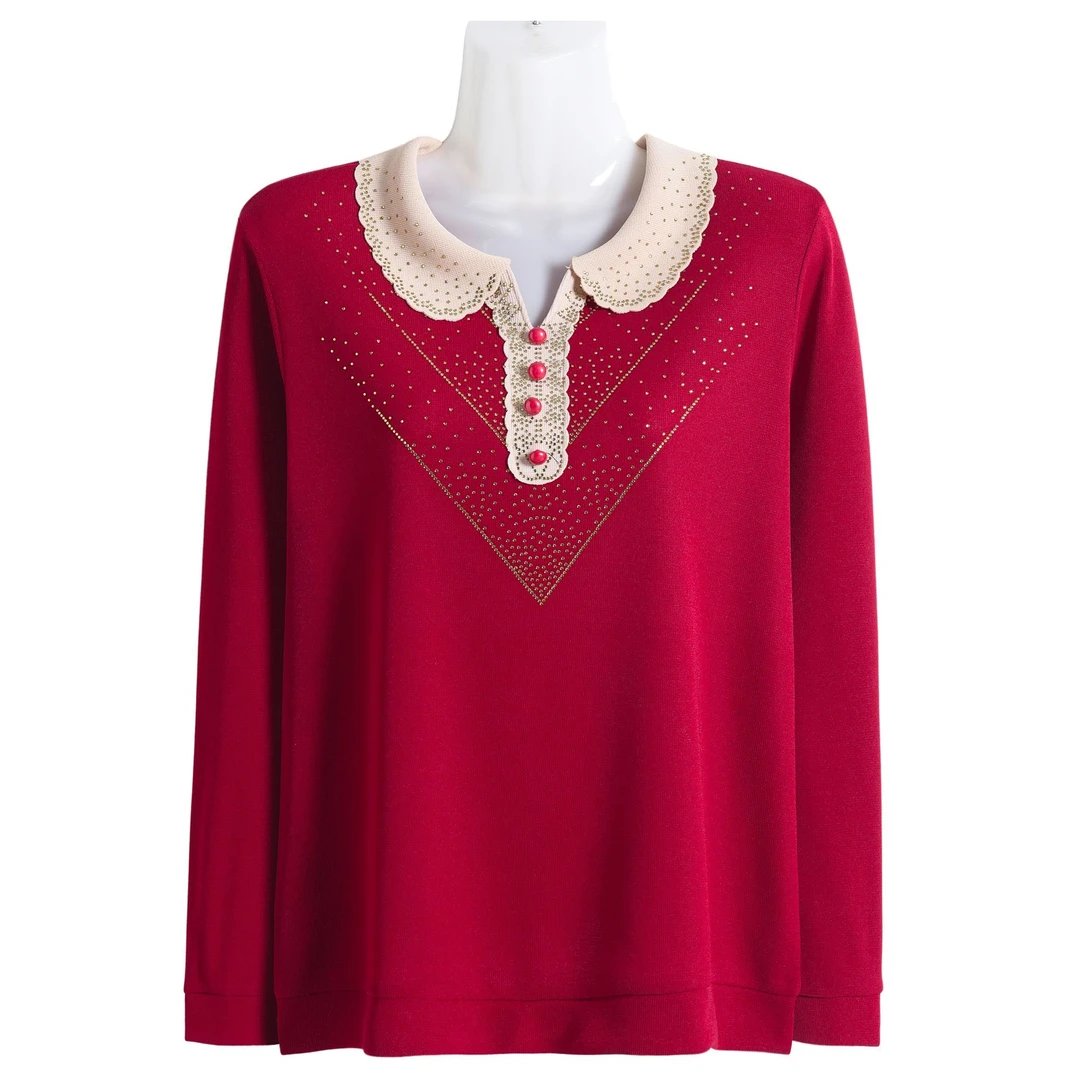 2025新款长袖T恤洋气翻领时尚打底衫妈妈春秋款小衫烫钻减龄上衣