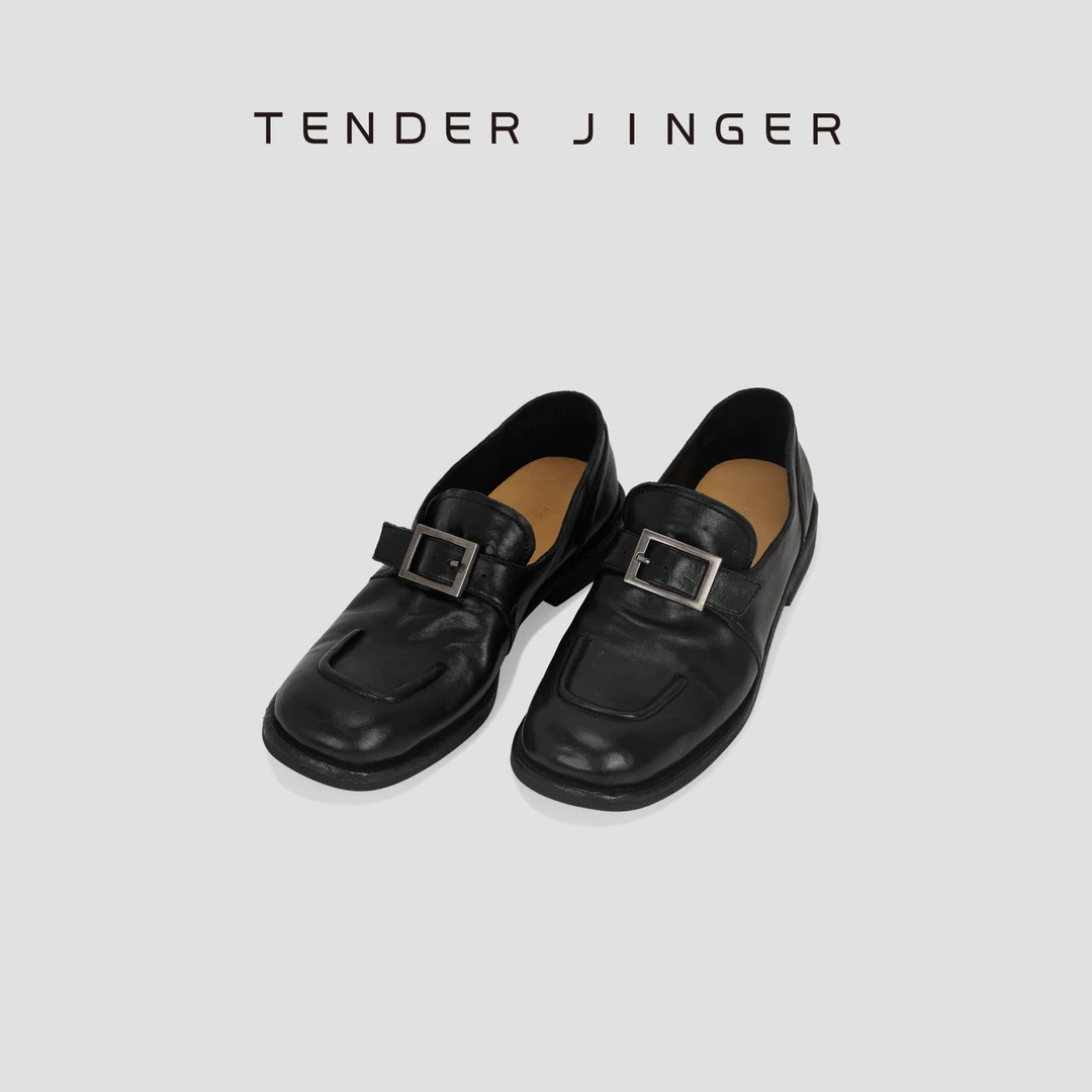 Tender Jinger时尚百搭低跟一字带金属扣真皮英伦风复古乐福鞋
