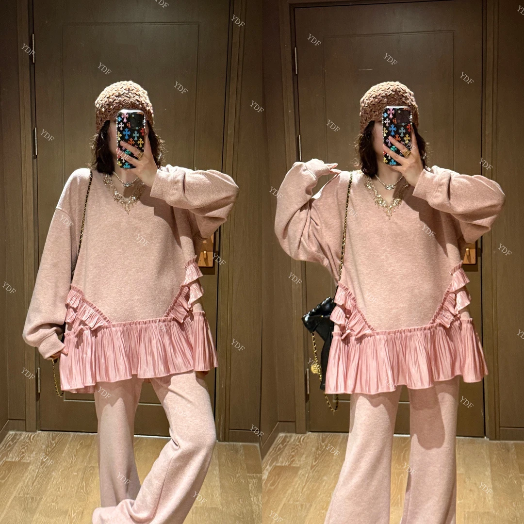 YDFSTUDIO小众【淡粉新月】欧货重工撞色拼接设计V领上衣+裤子套装