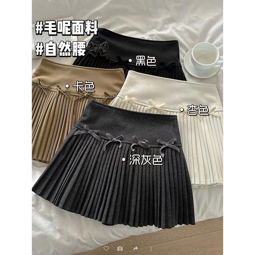 时尚个性蝴蝶结拼接呢子半身裙2025冬季新款韩版女高腰百褶A字裙