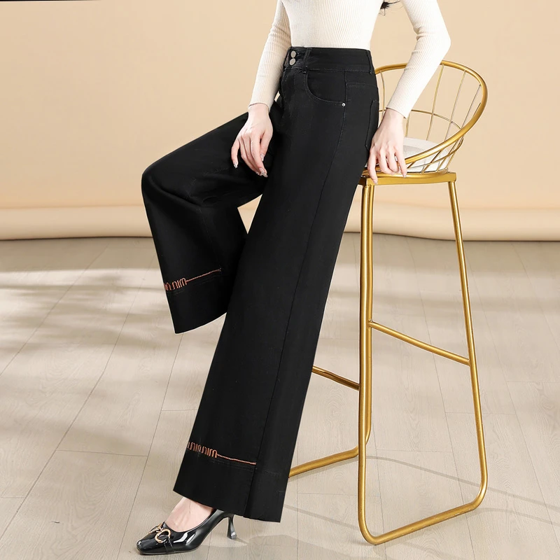 女士高腰直筒牛仔裤2025新款春秋时尚大码中老年妈妈时尚阔腿裤女
