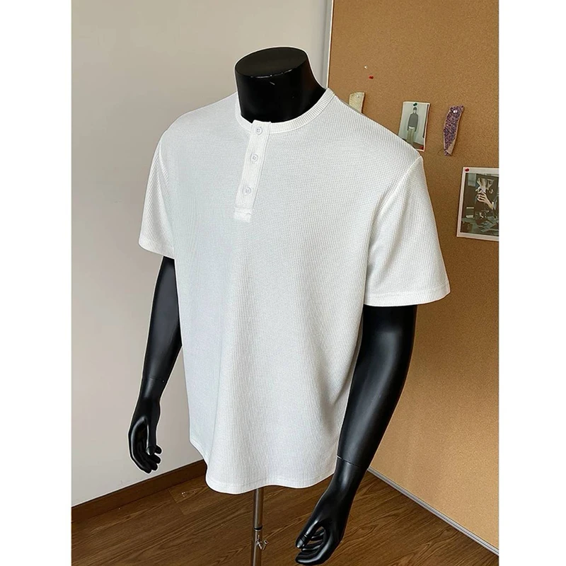 白色华夫格亨利领短袖T恤男夏季高级感cleanfit美式休闲半袖polo