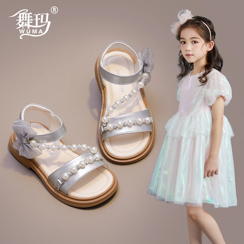 舞玛女童凉鞋2025新款夏季女孩露趾公主珍珠平底时装单鞋528258