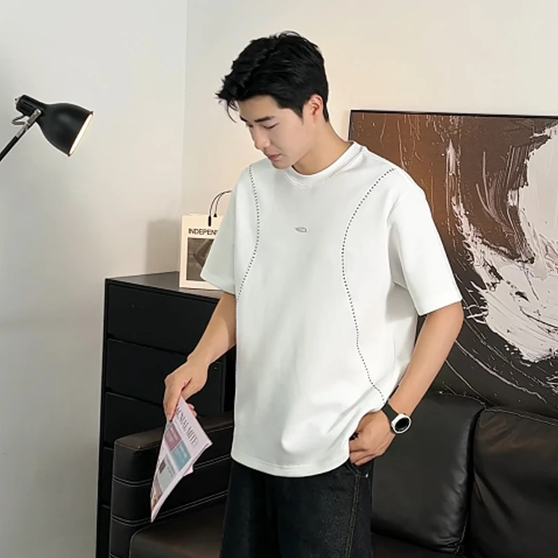 夏季新款潮流设计款圆领短袖t恤高级感痞帅简约男士宽松半袖体恤