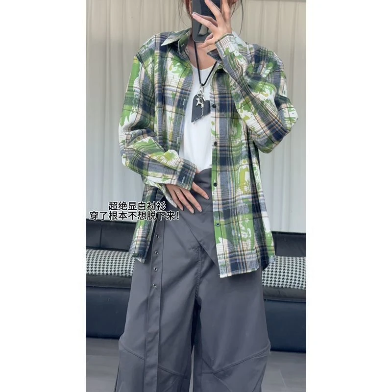 美式复古绿色衬衫男早秋撞色格纹长袖衬衣宽松休闲外套慵懒风上衣