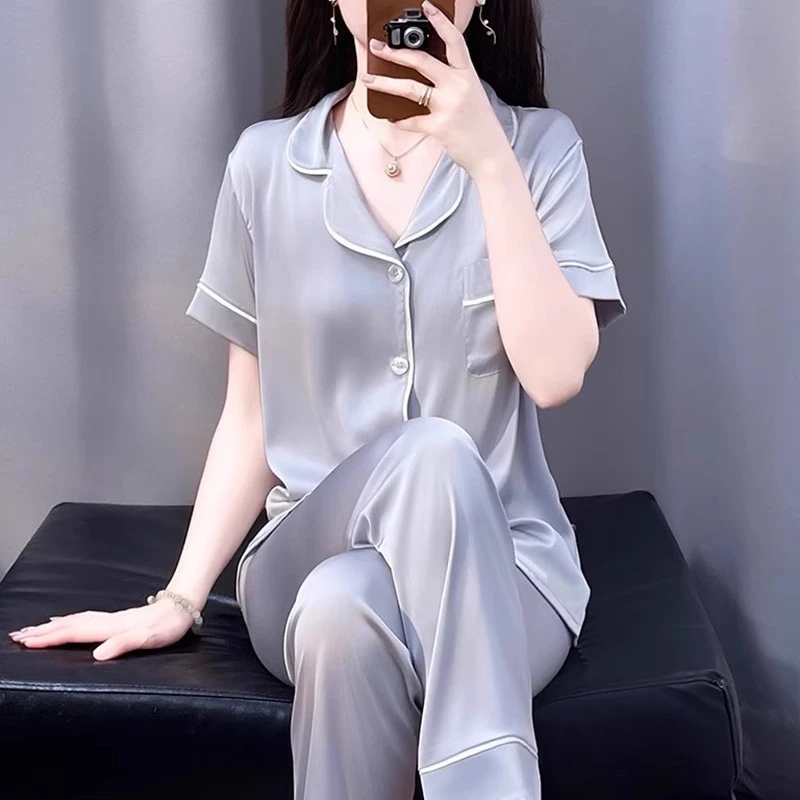 tpvl2025新款水光绸睡衣女夏季短袖长裤简约家居服薄款套装可外穿