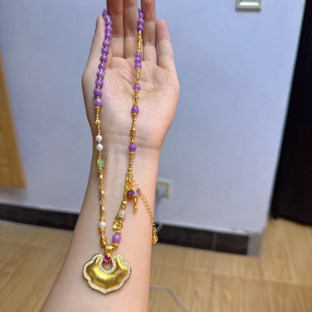 合金项链 紫色链子配如意锁