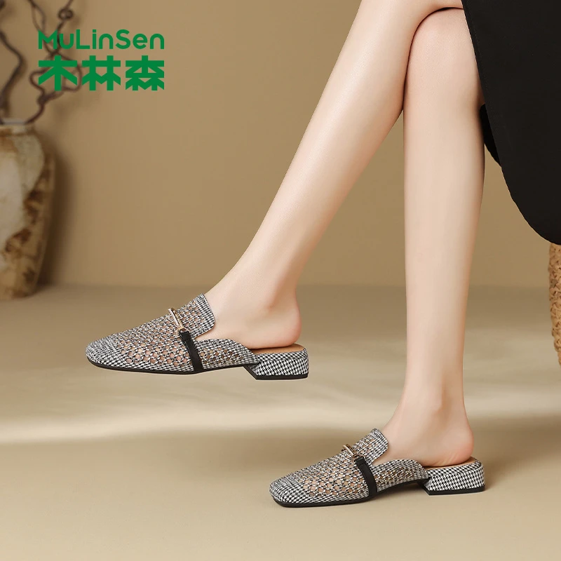 木林森包头半拖鞋女气质外穿夏季凉鞋镂空2025新款小香风穆勒鞋