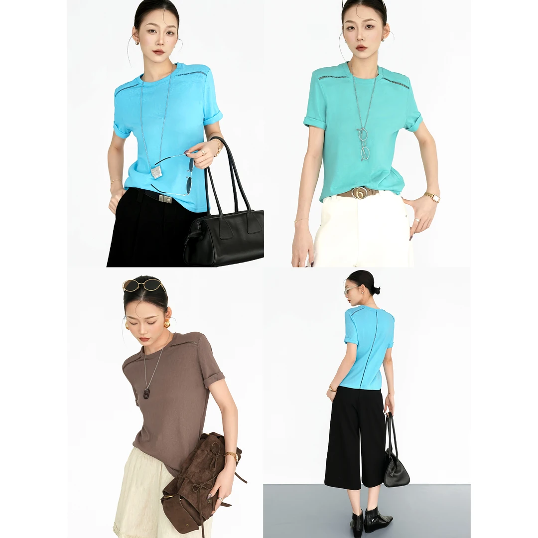 Nietzsche｜蕾丝美学T｜楼梯格拼接精致宽松显瘦短袖女T恤70077