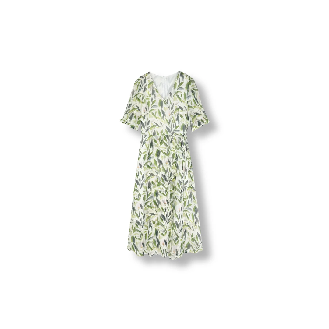 【珂S】夏季新款2025V领拉长颈部线条短袖连衣裙（25J143D082）