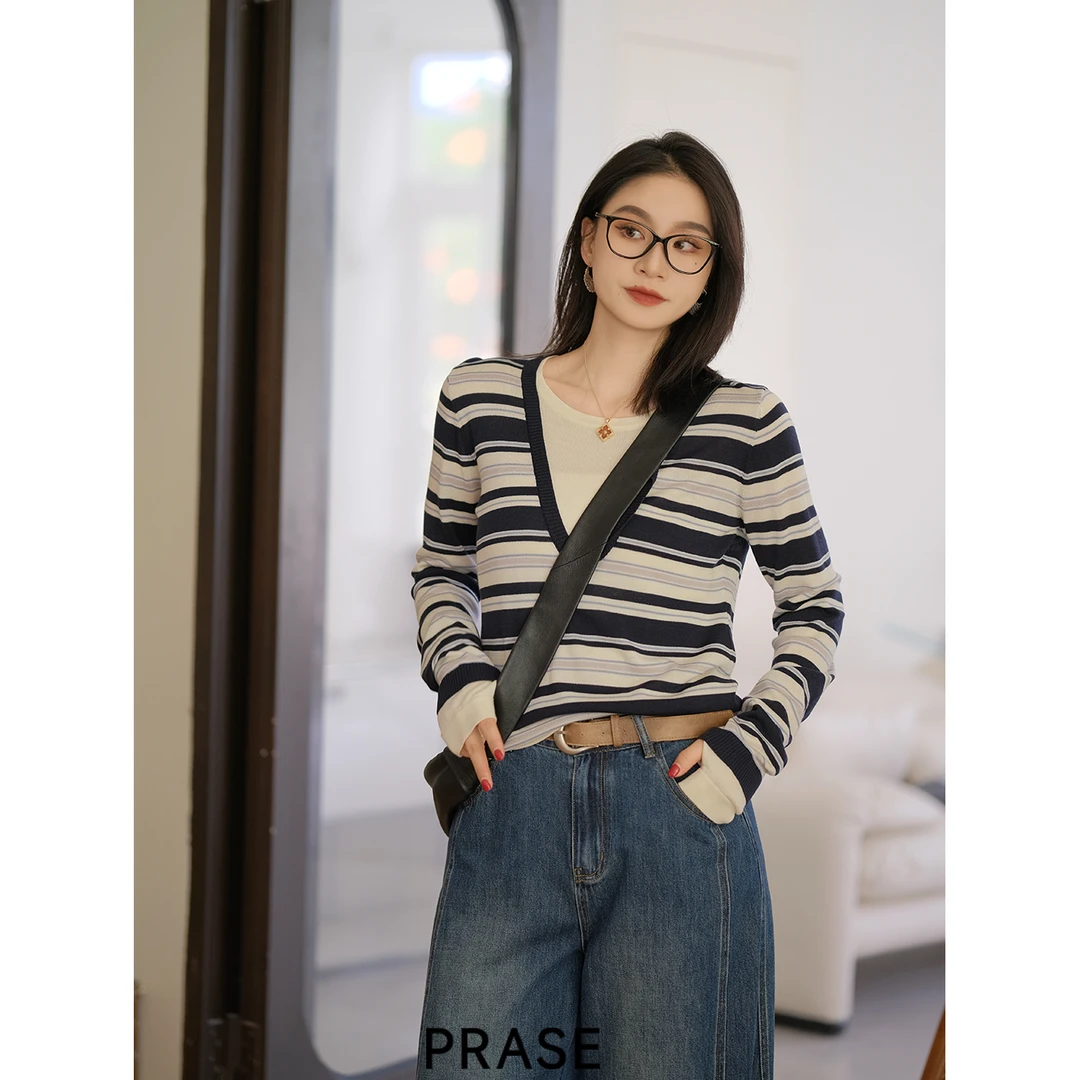 PRASE·噜【温感条纹】微胖轻奢设计款秋女天丝羊毛针织衫PR508S100