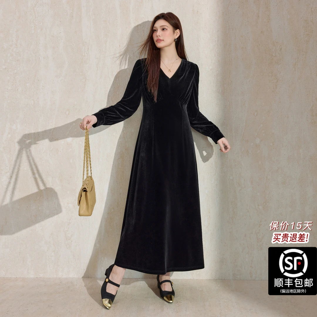 蓝语大码女装法式高级赫本风V领丝绒连衣裙2025新款a字收腰长裙