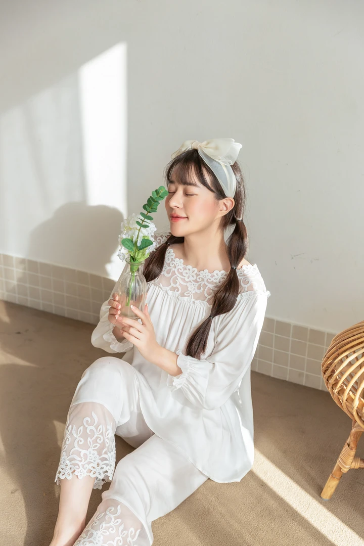 韩国YQ贡缎棉蕾丝领轻奢睡衣家居服套装睡裙2408特价款