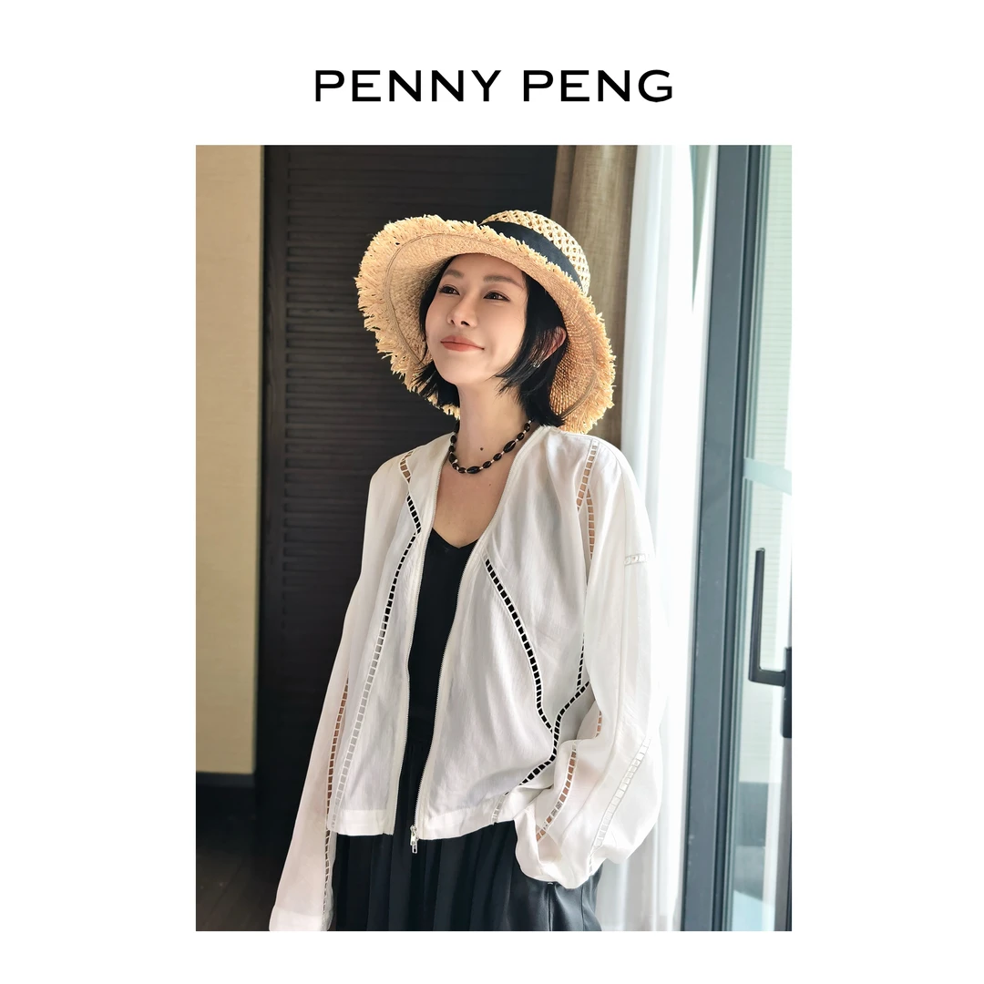 PENNYPENG素时恋夏风新款薄黑白色户外轻盈时尚绣花镂空防晒外套
